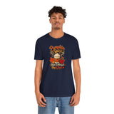 Navy crewneck T-shirt featuring pumpkin spice coffee graphic, worn with light jeans