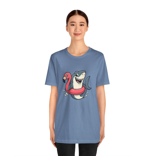 Blue crew-neck T-shirt with shark and flamingo graphic, short sleeves