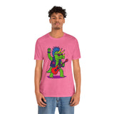 Pink crew-neck graphic T-shirt featuring punk triceratops playing a guitar