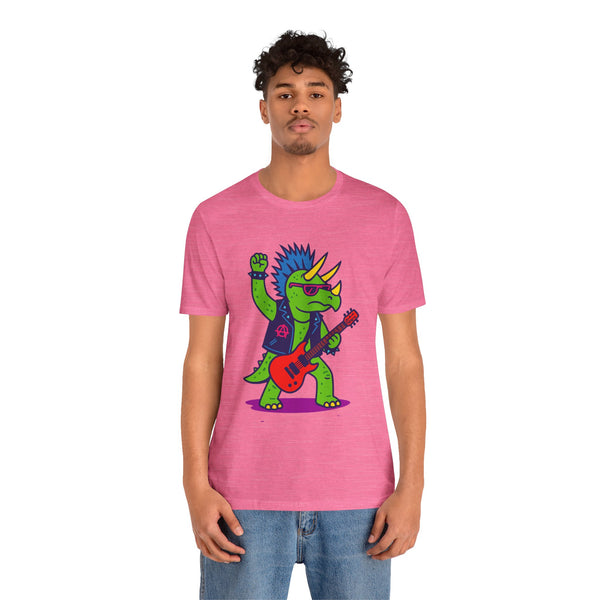 Pink crew-neck graphic T-shirt featuring punk triceratops playing a guitar