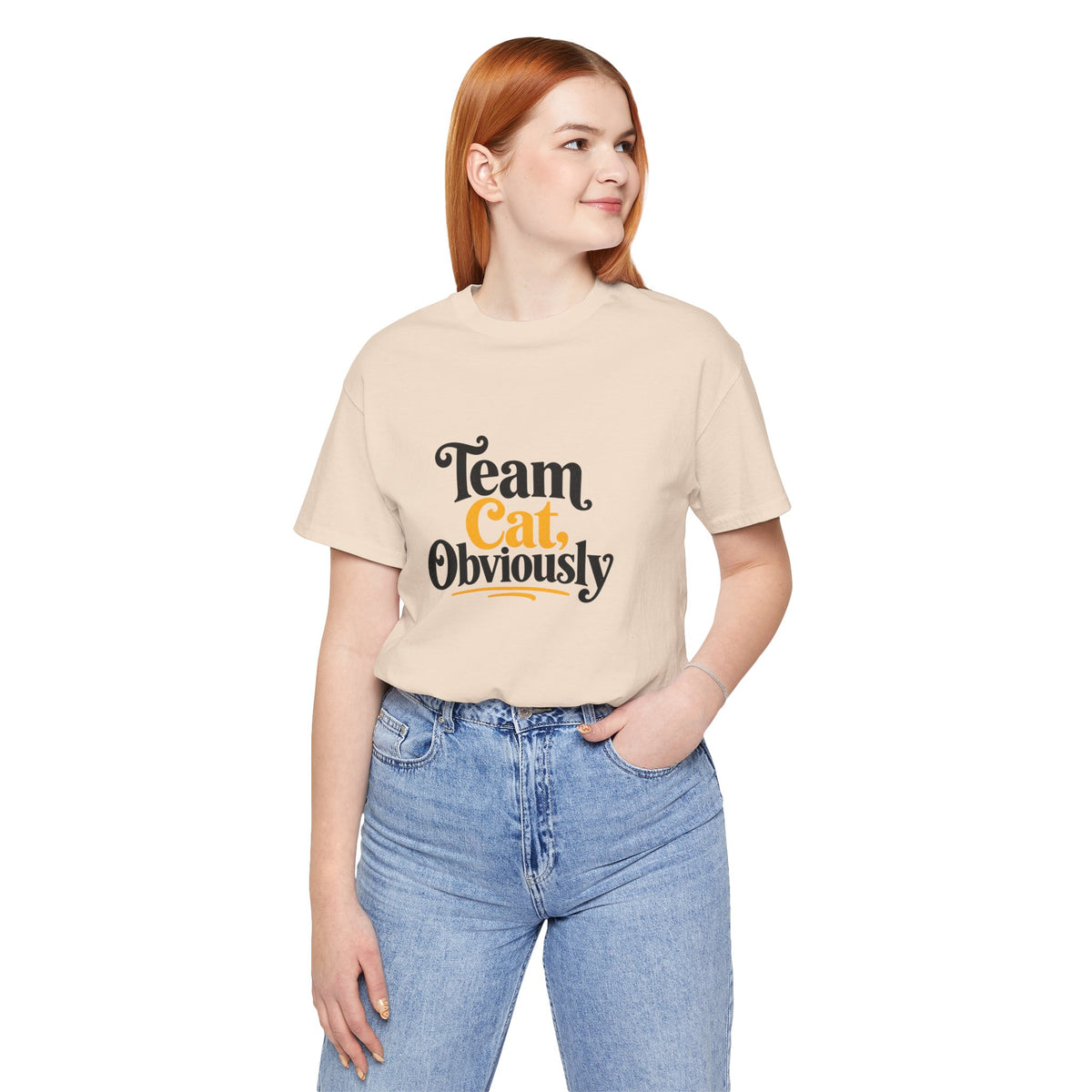 Soft cream crew-neck T-shirt with “Team Cat, Obviously” front graphic, back turned