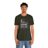 Dark olive crew-neck T-shirt on model, bat and moon graphic on chest