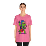 Pink crew-neck graphic T-shirt with punk triceratops electric guitar print