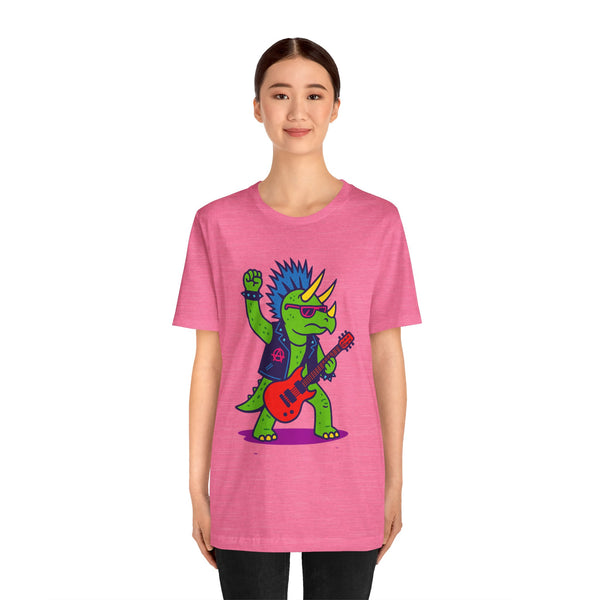 Pink crew-neck graphic T-shirt with punk triceratops electric guitar print