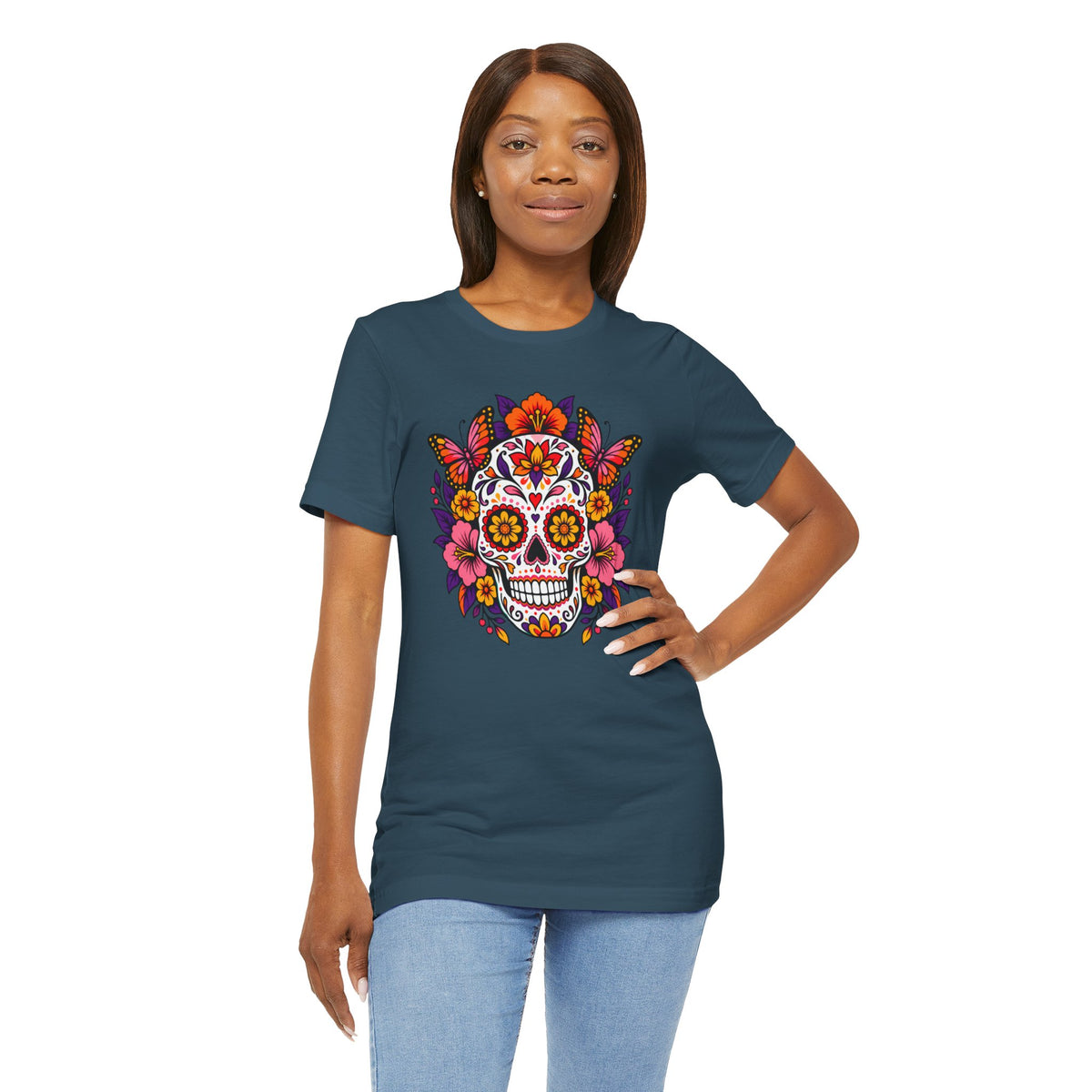 Floral Sugar Skull T-Shirt – Colorful Día de los Muertos Inspired Tee