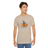 Tan crew-neck T-shirt with orange fish-and-shark graphic on chest