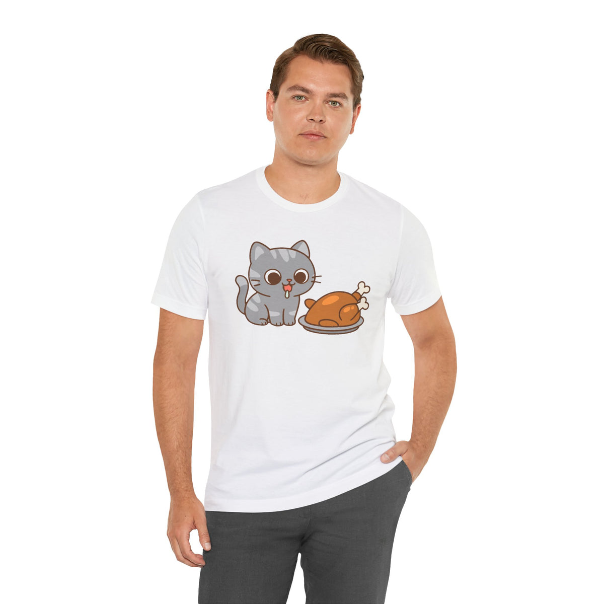 White cat and turkey graphic t-shirt with cute hungry cat illustration on front
