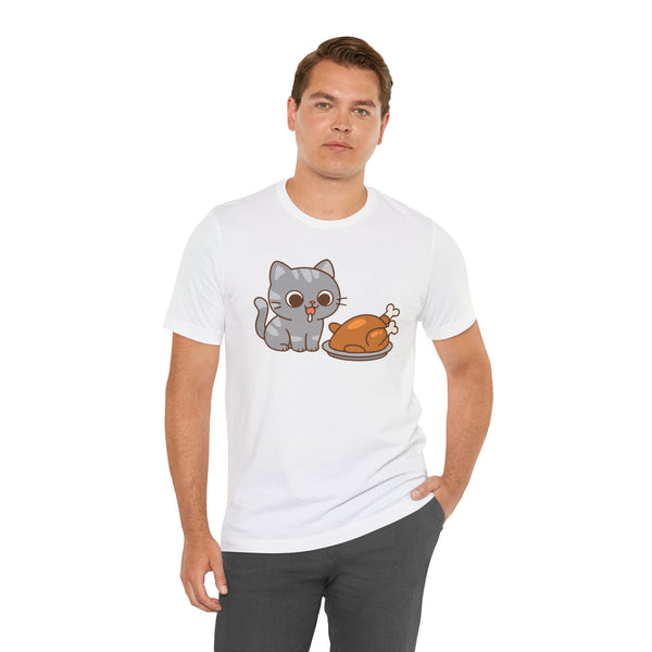 White cat and turkey graphic t-shirt with cute hungry cat illustration on front