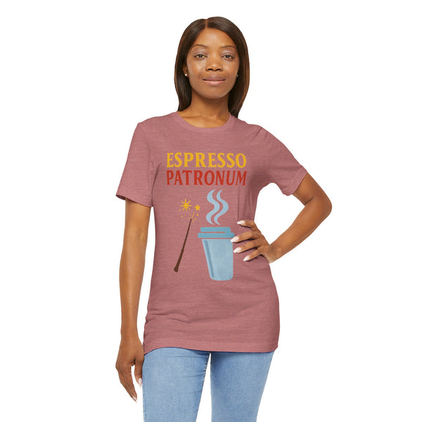 Mauve T-shirt with "Espresso Patronum" print, wand and blue coffee cup with steam