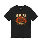 Leaf pile graphic recovery mode T-shirt in black with fall leaves front print