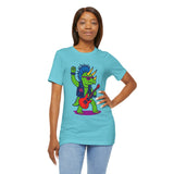 Turquoise crewneck T-shirt with colorful cartoon triceratops rocking out with a red guitar