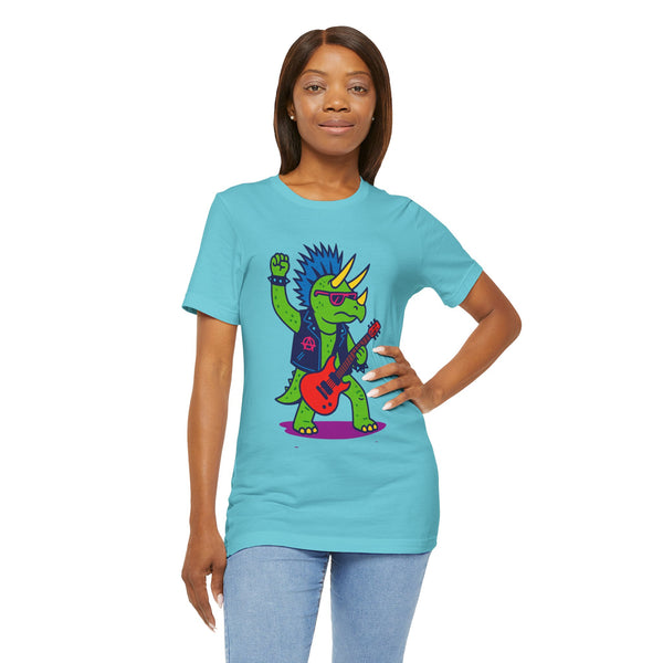 Turquoise crewneck T-shirt with colorful cartoon triceratops rocking out with a red guitar