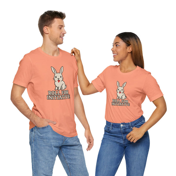 Peach T-shirt with bunny graphic and "Roll for Initiative" text, two views