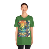 Green crew-neck T-shirt with colorful front graphic panel