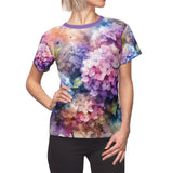 Women's watercolor floral t-shirt with purple crew neck, side view, short sleeves