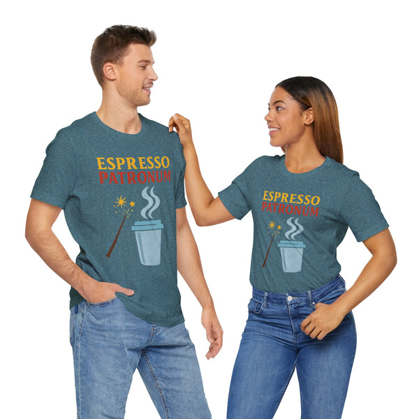 Heather deep teal crew-neck T-shirt with coffee graphic and ESPRESSO PATRONUM text