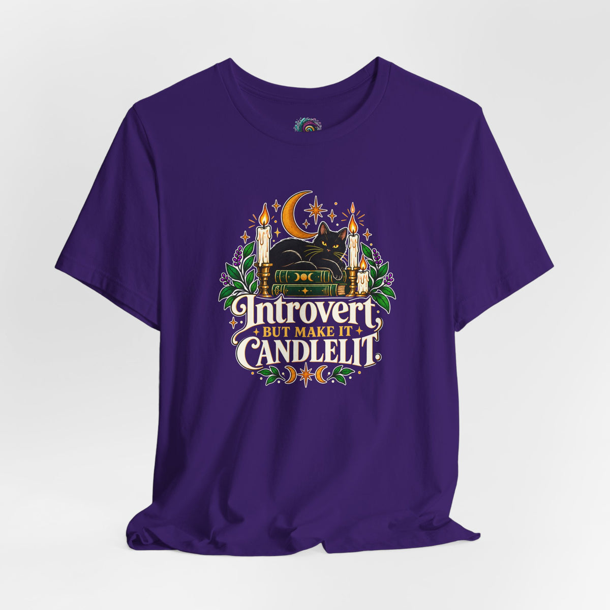 Introvert But Make It Candlelit T-shirt - Witchy Bookish Cat Tee