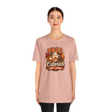 Pink crewneck T-shirt worn, front print says 'FALL Calories DON'T COUNT' with fall foods