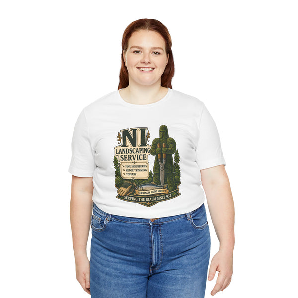 White crew-neck T-shirt with green medieval landscaping crest graphic, relaxed fit