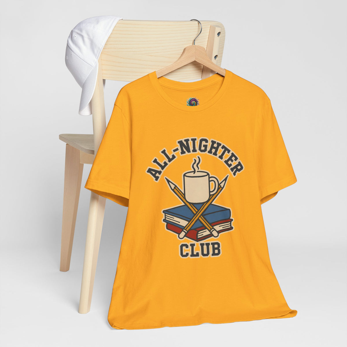 Mustard T-shirt with caffeine cup and books 'All-Nighter Club' graphic