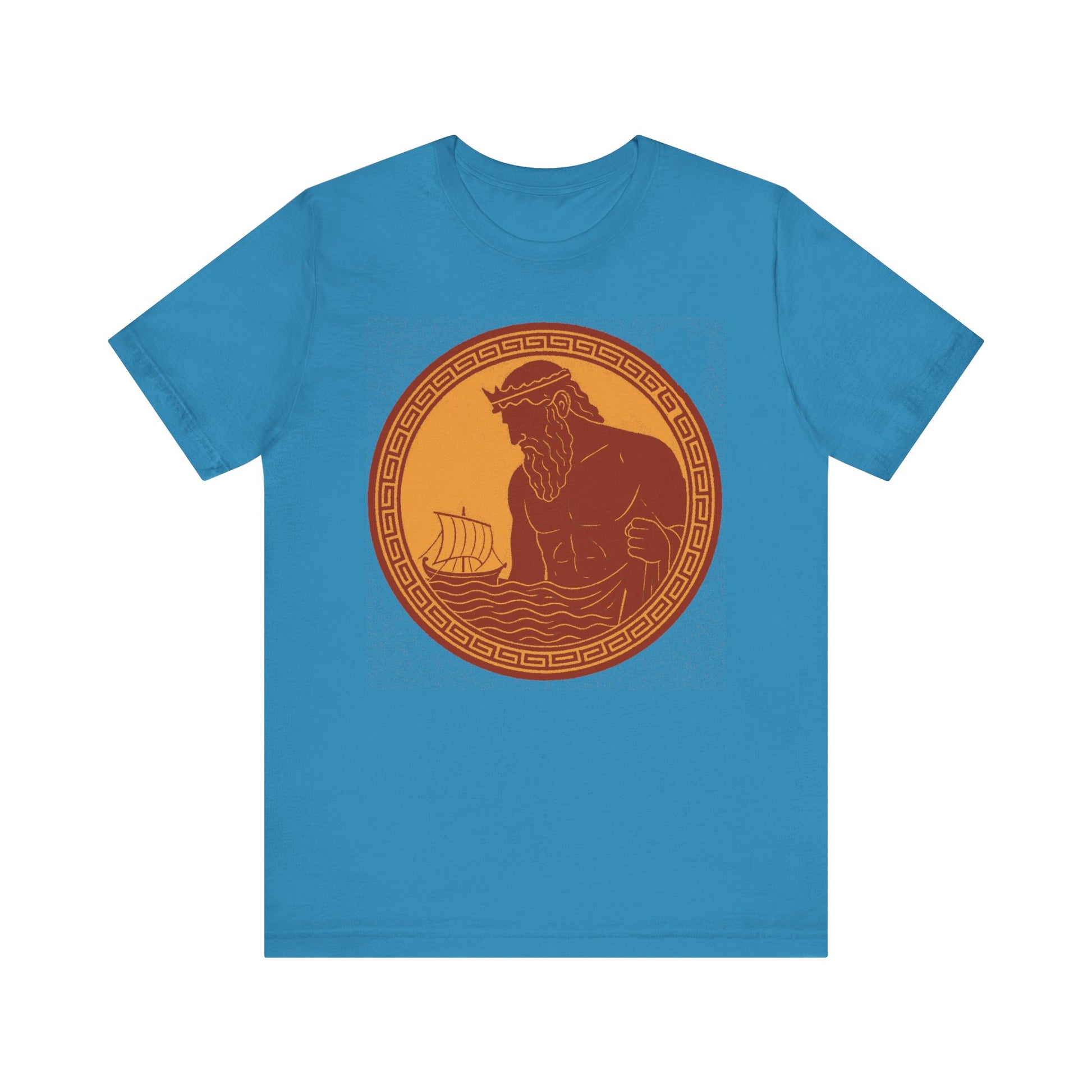 Aqua Poseidon Epic T shirt from WhimSpin. This shirt features an ancient greek amphora style image of Poseidon raising from the sea and looming over a boat on the waves. Image is in terracotta cotta red and golden yellow. 