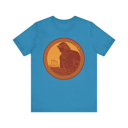 Aqua Poseidon Epic T shirt from WhimSpin. This shirt features an ancient greek amphora style image of Poseidon raising from the sea and looming over a boat on the waves. Image is in terracotta cotta red and golden yellow. 