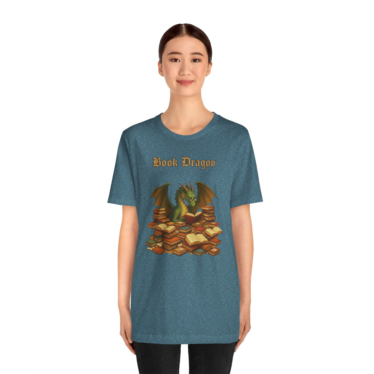 Teal heather Book Dragon t-shirt with centered dragon over stacked books front print