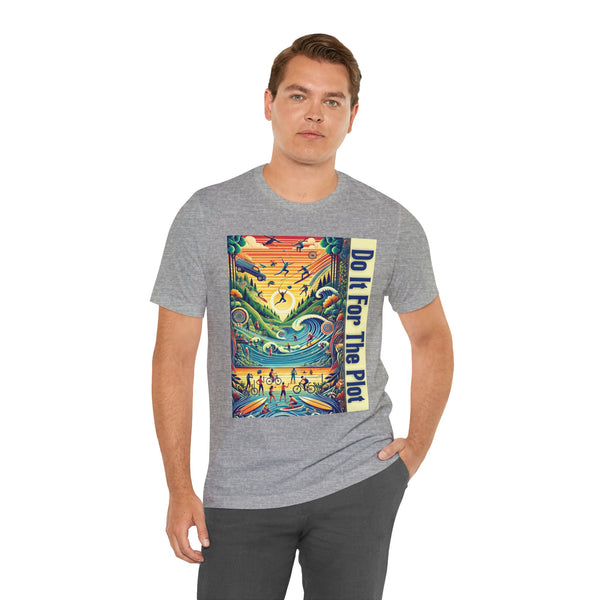 Heather gray crewneck t-shirt with colorful "Do It For The Plot" graphic on front