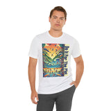 White crew-neck graphic t-shirt featuring vertical “Do It For The Plot” poster-style print