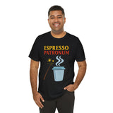 Black crew-neck T-shirt featuring “Espresso Patronum” text and coffee cup graphic