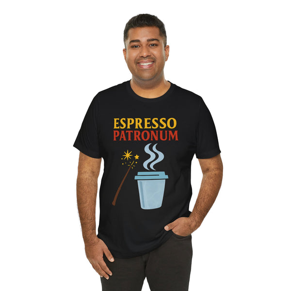 Black crew-neck T-shirt featuring “Espresso Patronum” text and coffee cup graphic