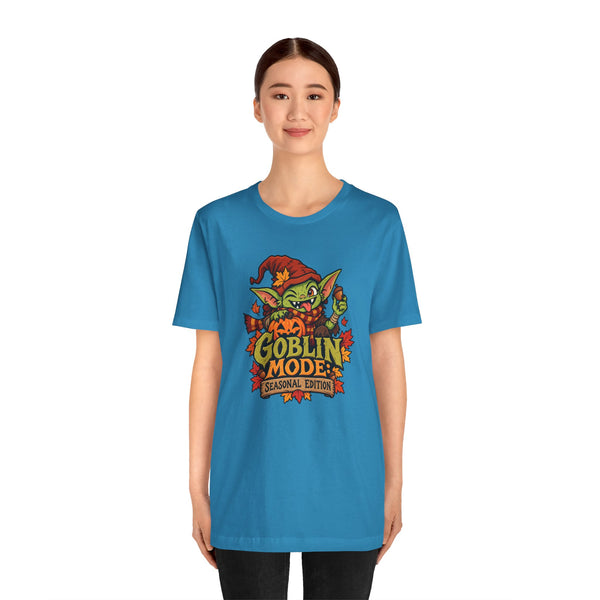 Blue crew-neck graphic T-shirt with Goblin Mode seasonal design, front view