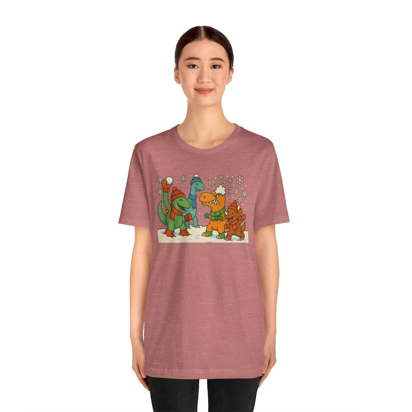 Dinosaur Snowball Fight T-Shirt – Funny Winter Dino Graphic Tee