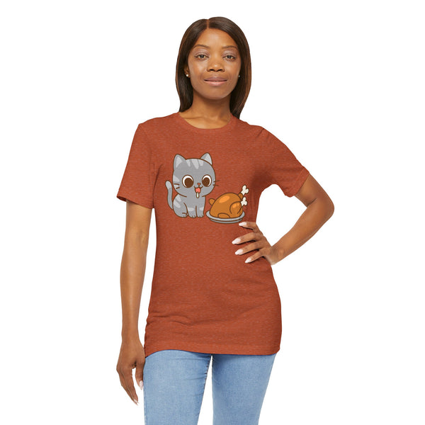 Rust orange crew-neck T-shirt featuring gray cat beside brown turkey illustration