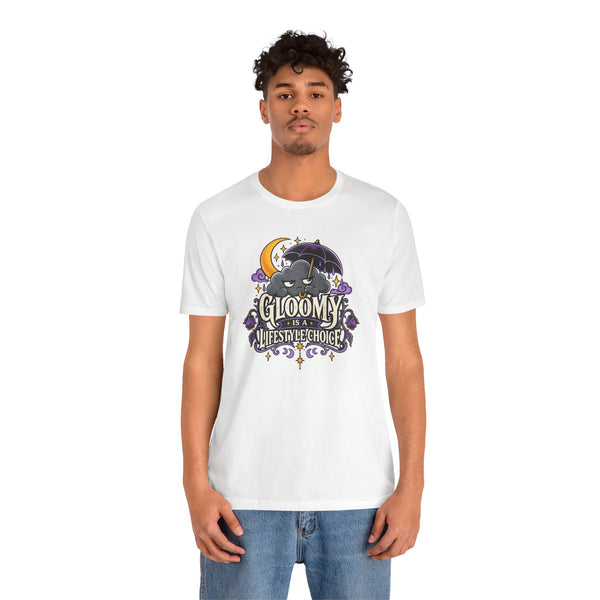 White unisex t-shirt worn by model, centered goth cat moon graphic.