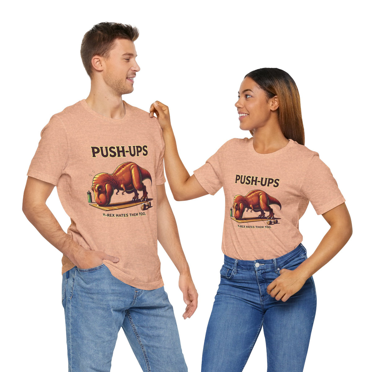 Peach graphic T-shirt set on two people, T-rex “Push-ups” front print