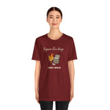 Maroon crew-neck T-shirt with chicken-and-eggs front print and “CRACK DEALER” text