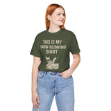 Dark green T-shirt with front 'This is my snow-blowing shirt' snowblower graphic
