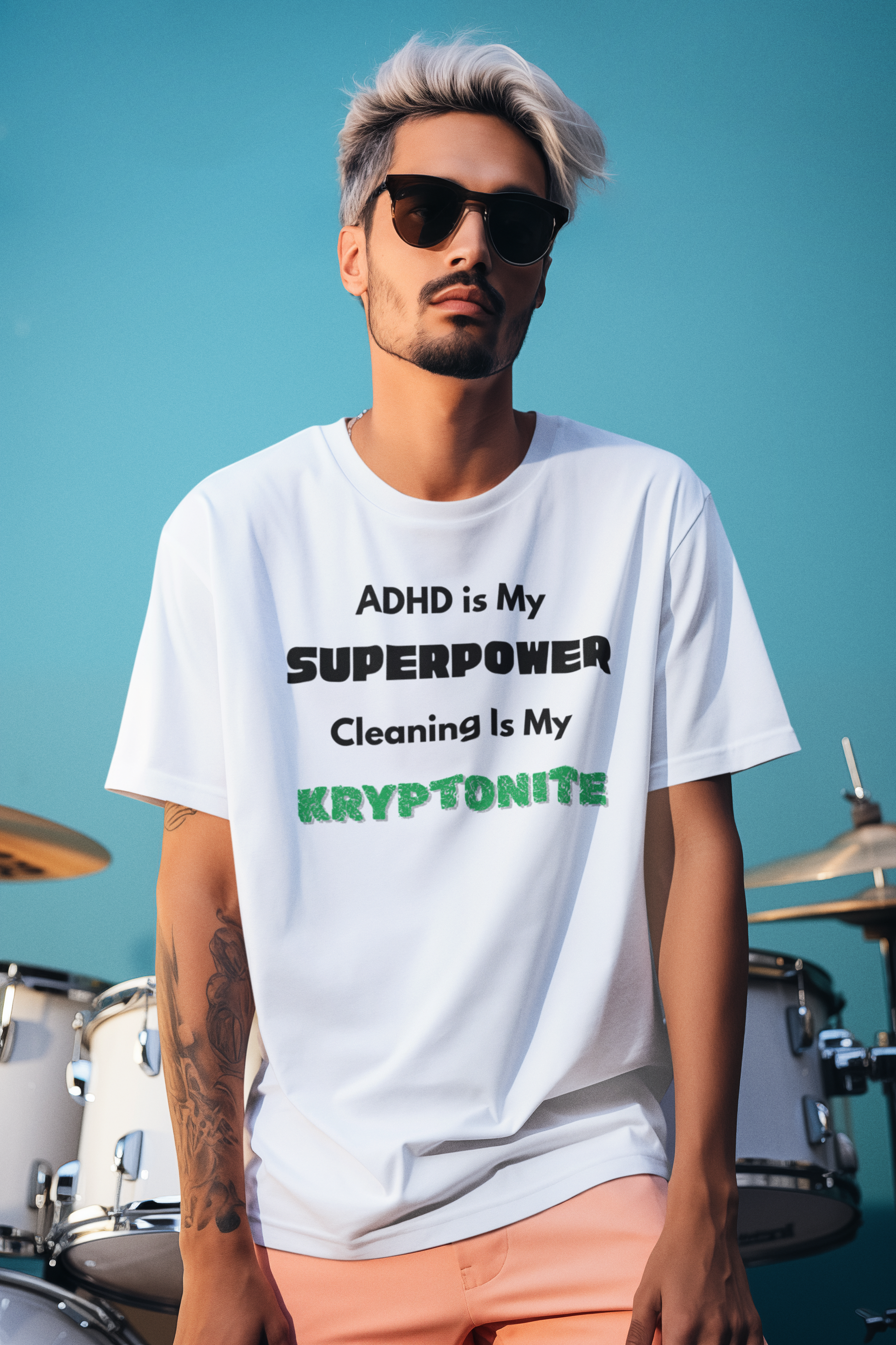 ADHD Cleaning Kryptonite T-Shirt – Funny Shirt for Neurodivergent Humor shown on man in white shirt with drums in background
