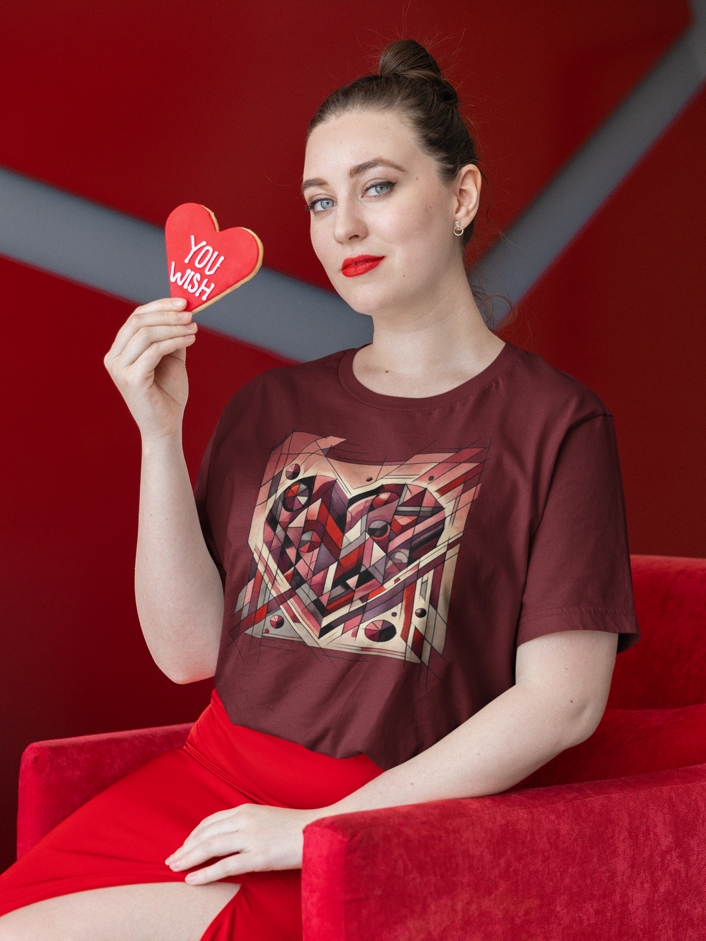 Cubist Heart T-Shirt – Modern Art Valentine's Day Graphic Tee worn casually, showcasing a cubism valentine's heart graphic with bold lines and contemporary art inspiration.
