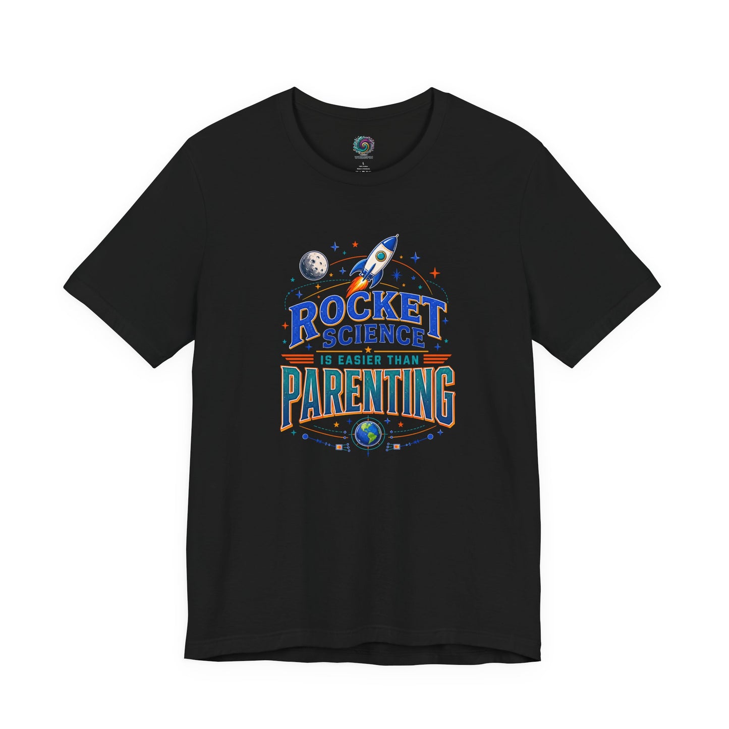 Rocket Science Parenting T-Shirt – Funny Aerospace Parent Tee on black with bold rocket science humor for moms, dads, and space-loving parents.
