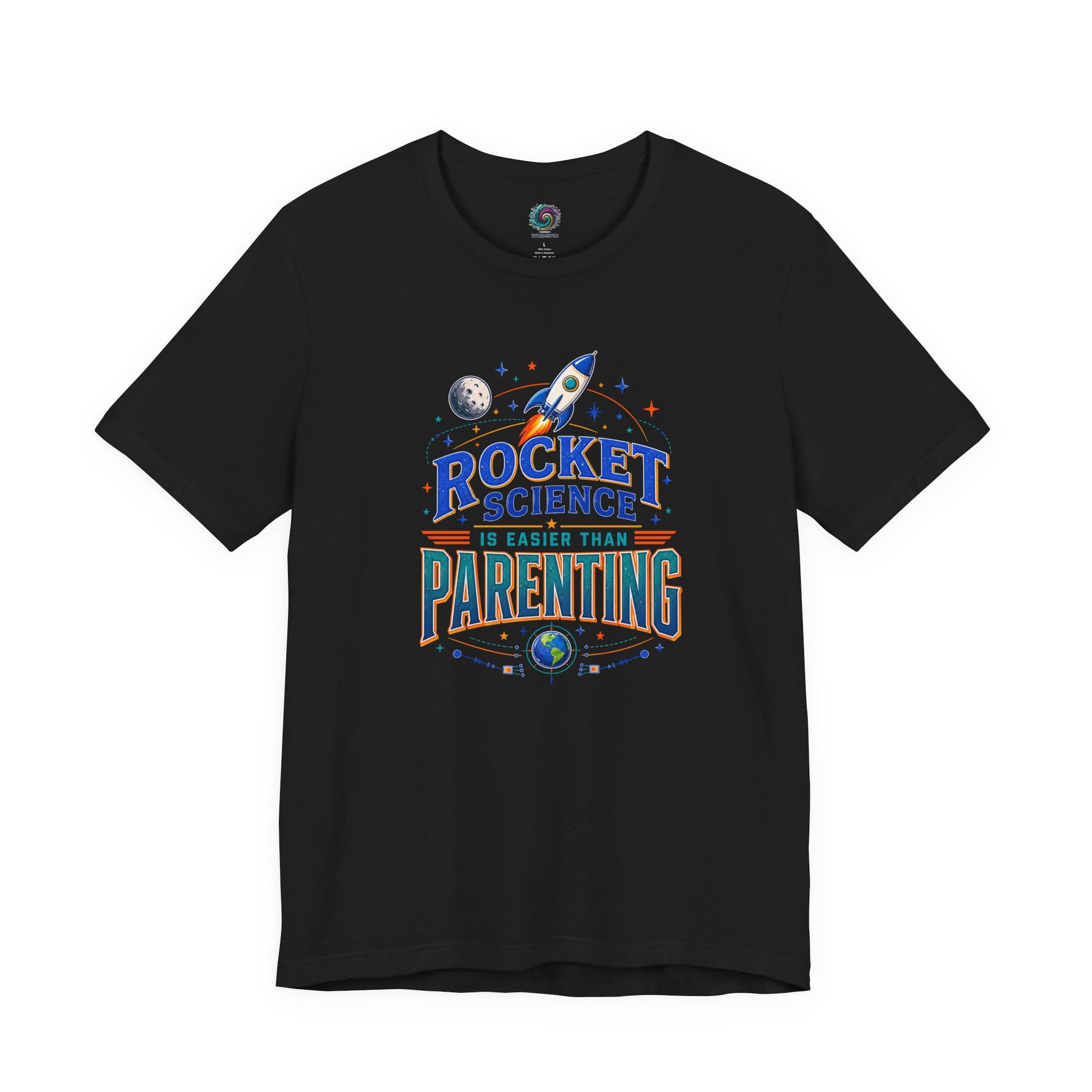 Rocket Science Parenting T-Shirt – Funny Aerospace Parent Tee on black with bold rocket science humor for moms, dads, and space-loving parents.
