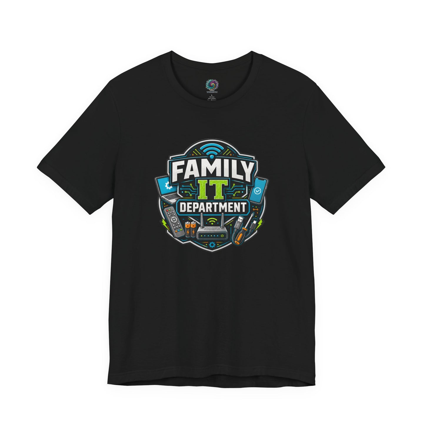 Family IT Department T-Shirt – Funny Household Tech Support Tee on black for the person everyone asks to fix the Wi-Fi.