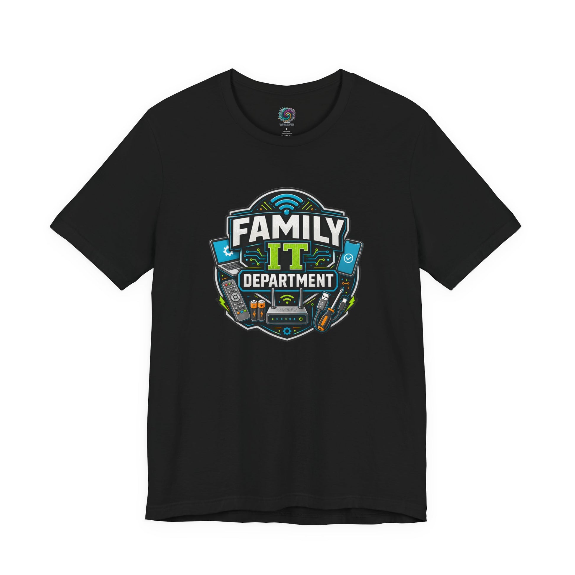 Family IT Department T-Shirt – Funny Household Tech Support Tee on black for the person everyone asks to fix the Wi-Fi.