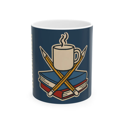 All-Nighter Club mug 11 oz in navy blue featuring cream-colored text and the crossed books and pencils design with coffee mug on top.