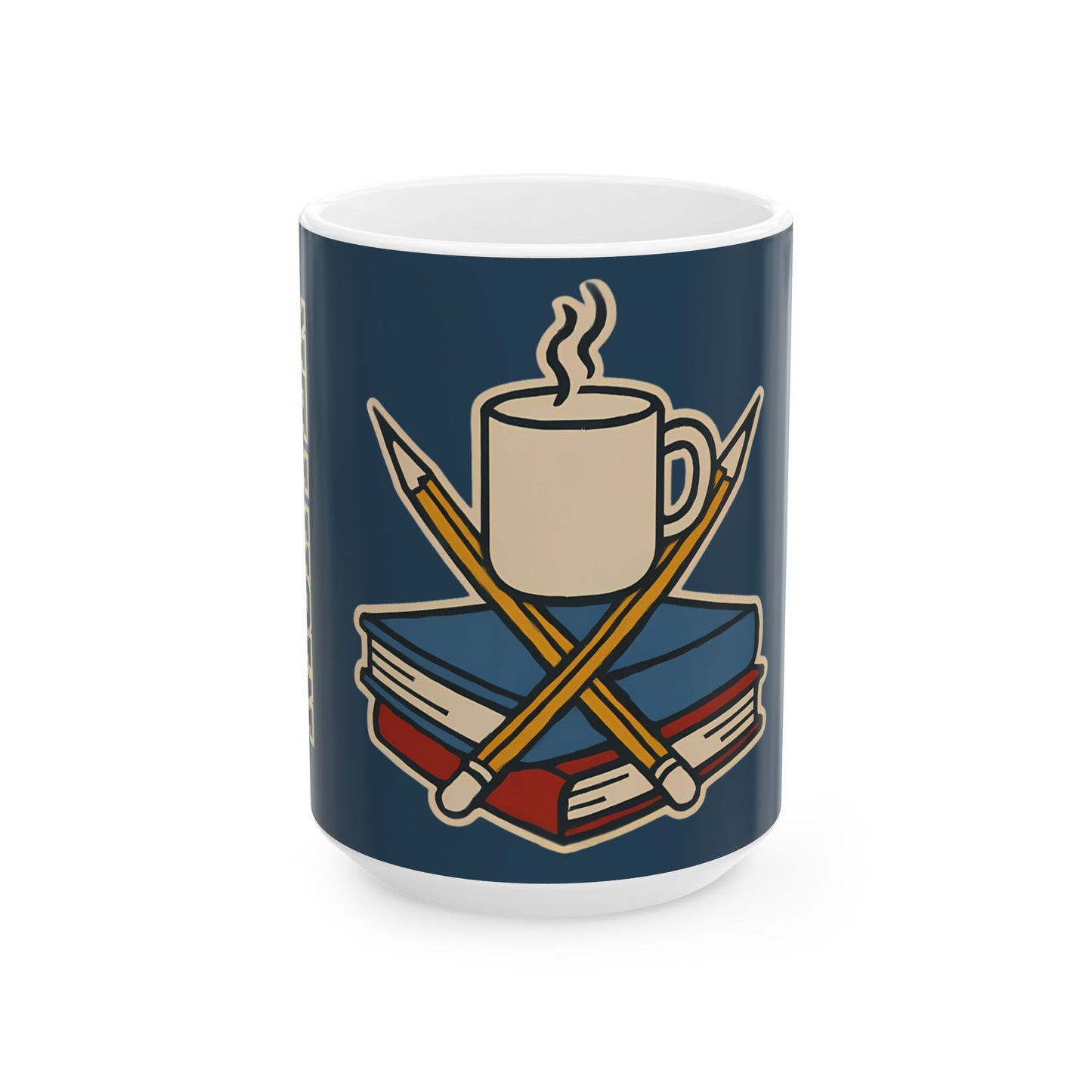 All-Nighter Club 15 oz mug, shown in deep navy blue with the graphic and “All-Nighter” text in collegiate lettering.