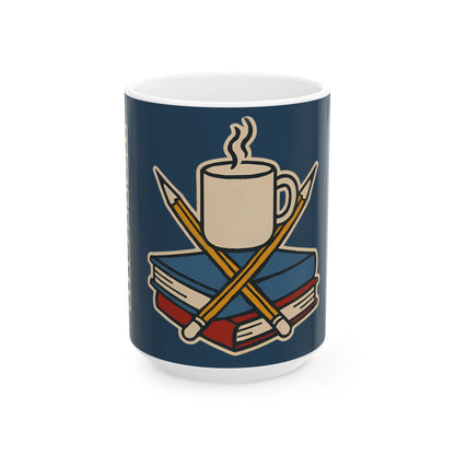 All-Nighter Club 15 oz mug, shown in deep navy blue with the graphic and “All-Nighter” text in collegiate lettering.