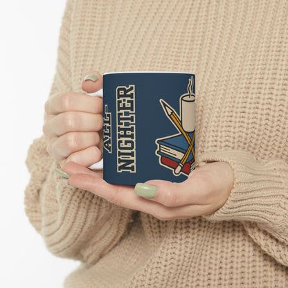A person wearing a beige knit sweater holds a white mug with the "All-Nighter Club" design, showcasing a stack of books, crossed pencils, and steam rising from a cup—perfect for cozy late-night work sessions.
