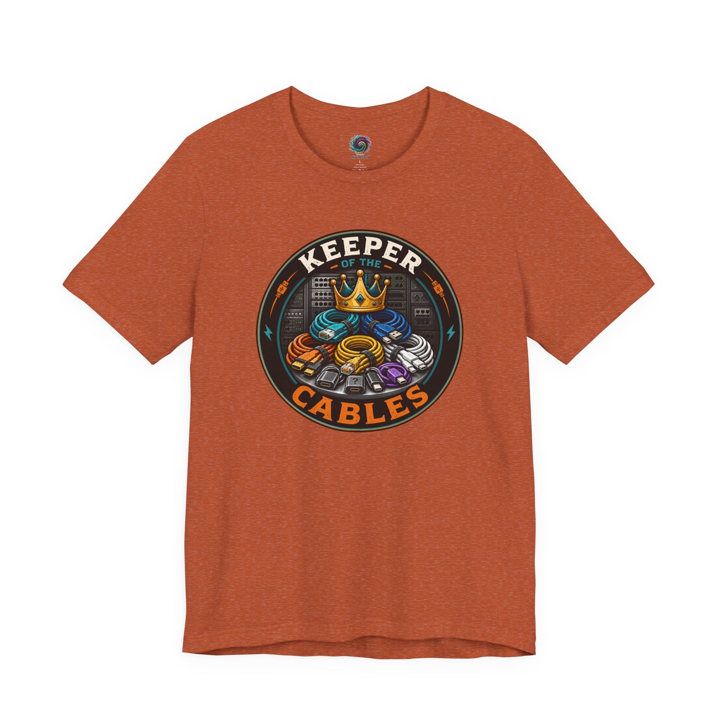 Keeper of the Cables T-Shirt – Funny Tech Dad Cable Tee on heather autumn with warm vintage tech dad humor.