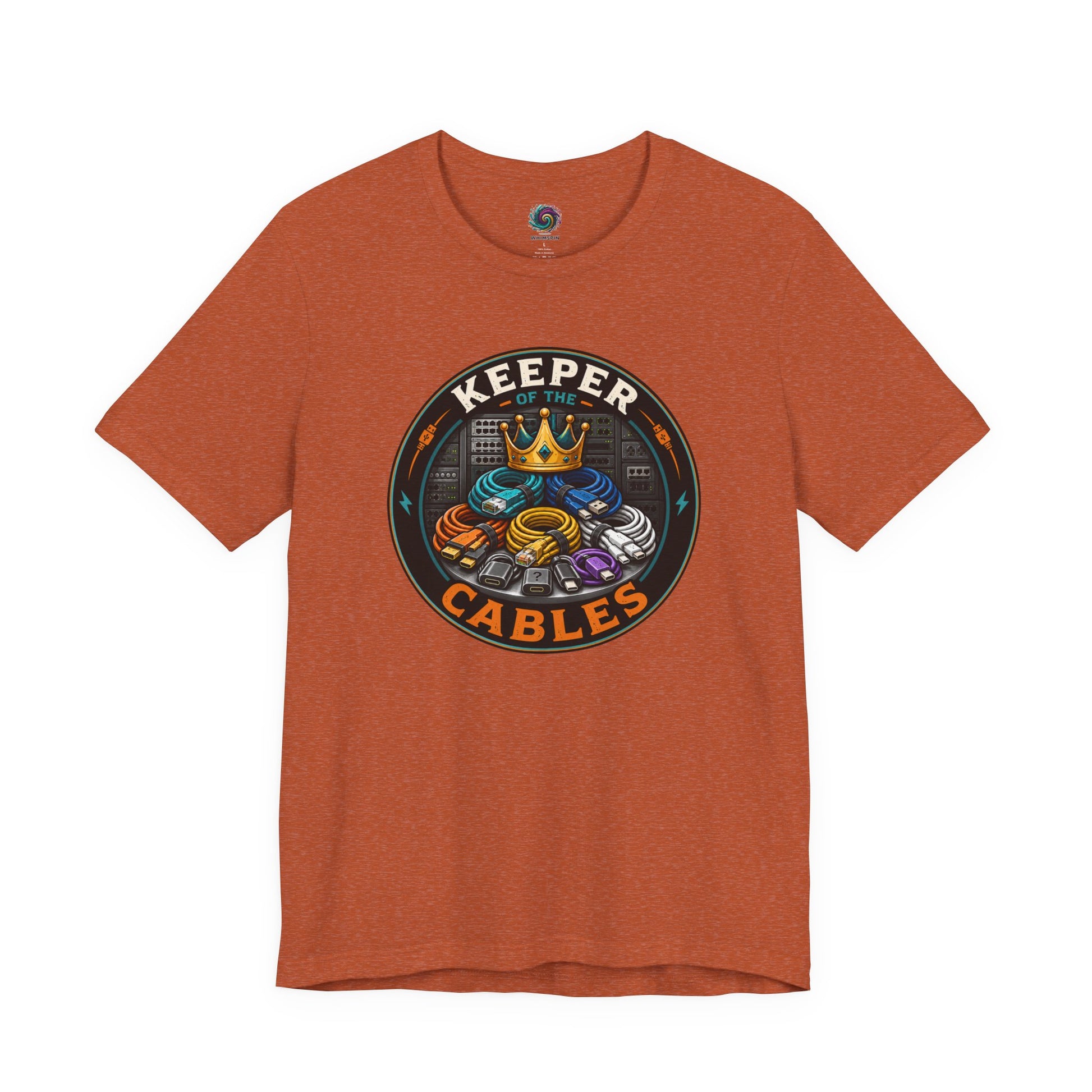 Keeper of the Cables T-Shirt – Funny Tech Dad Cable Tee on heather autumn with warm vintage tech dad humor.